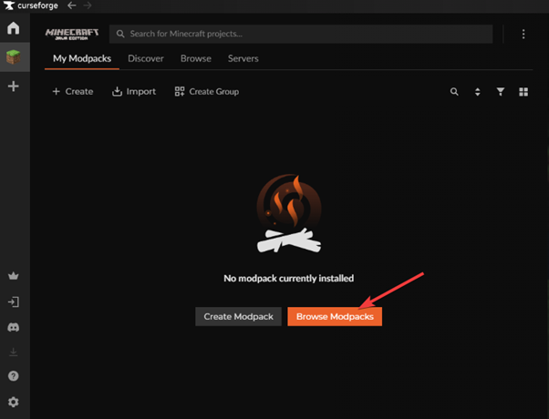 curseforge app with two options to select from with an arrow pointing to browse modpacks
