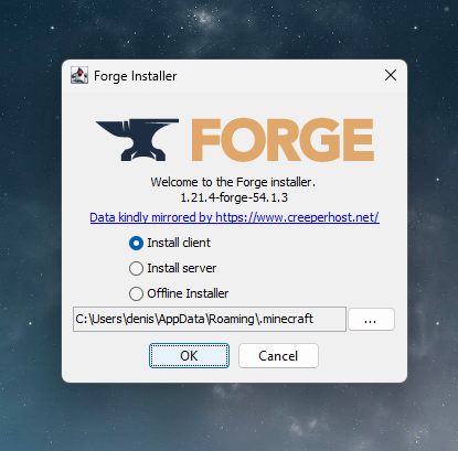a window with the Forge installer that has some options to install