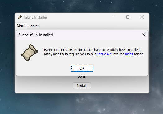 a fabric loader window confirmation that the profile was installed