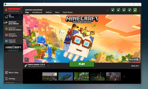 a minecraft launcher window that has the profile selected to a fabric version