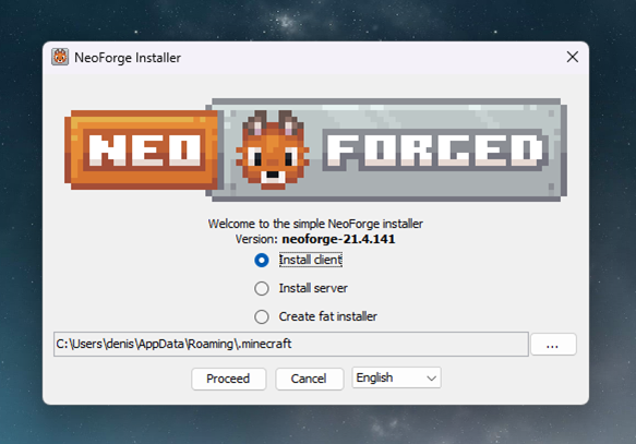 a window with the NeoForge installer that has some options to install