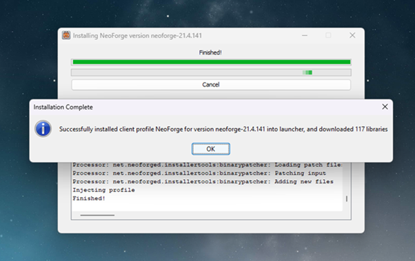 neoforge installer confirmation that a profile have been created