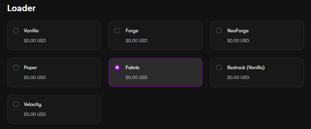 a selection menu for a minecraft loader, selected option is Fabric