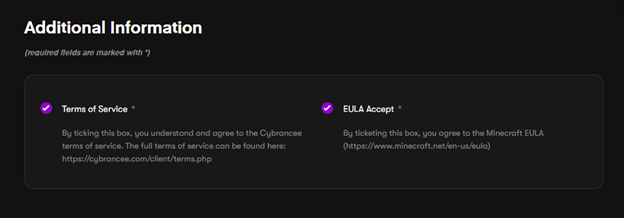 a check menu for agreeing with the terms of service and EULA