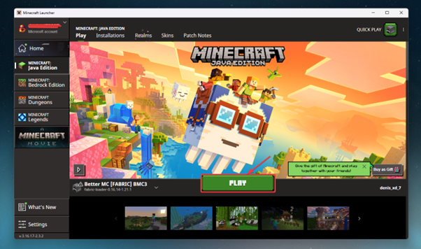 minecraft launcher with an arrow pointing to play