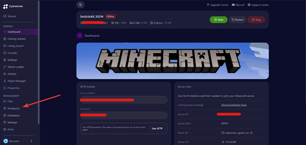 a dashboard that have multiple option with an arrow pointing to moadpacks