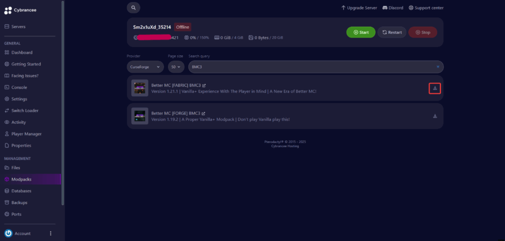 modpack tab showing a search result for BMC3