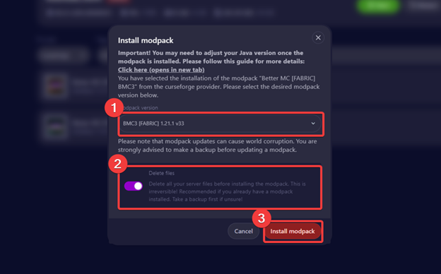a window with multiple option in order to install a modpack