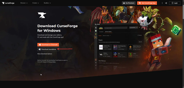 curseforge website with an arrow pointing to standalone download