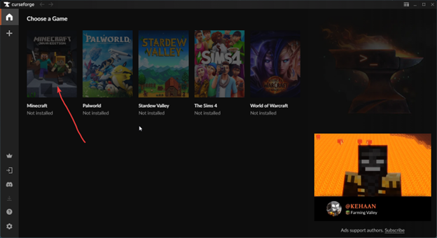 curseforge app that shows multiple games to choose from with an arrow pointing to minecraft