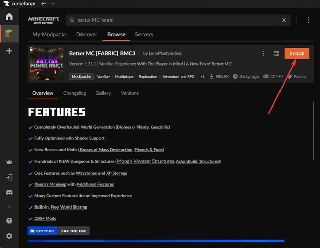 a curseforge modpack that has an arrow pointing to install