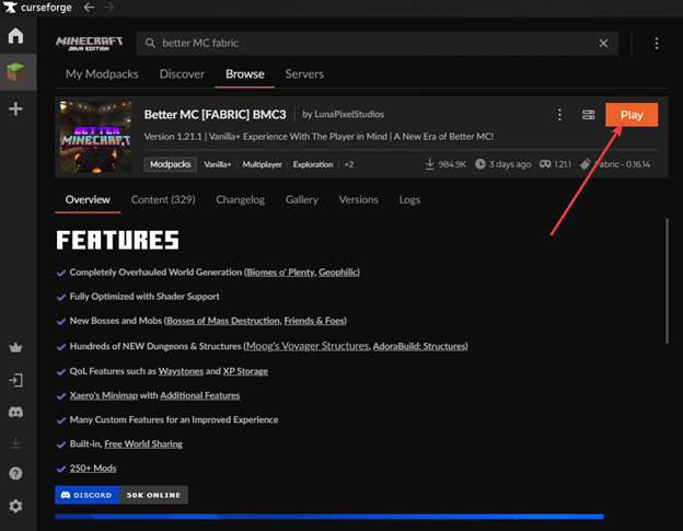 a curseforge modpack with an arrow pointing to a play button