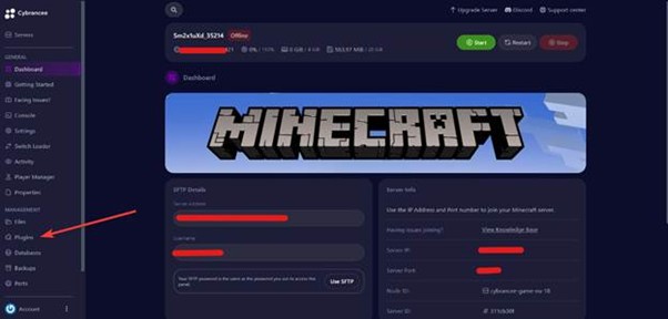 the dashboard with an arrow pointing to plugins tab
