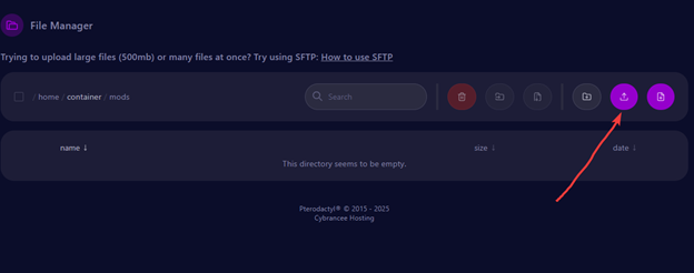 the mods folder with an arrow pointing to the upload button