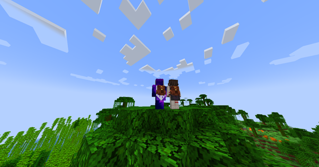 two minecraft players wearing custom backpacks