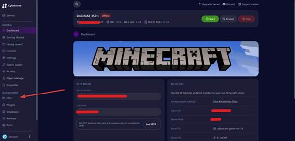 the dashboard with an arrow pointing to files tab