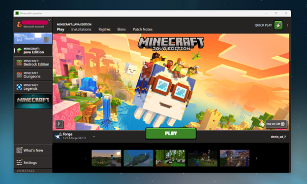 a minecraft launcher window that has the profile selected to a forge version