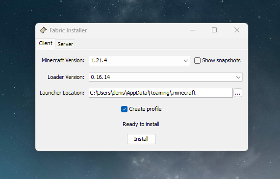 a fabric loader window that has multiple options to select in order to install the profile
