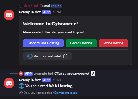 a container along with a selection confirmation for web hosting