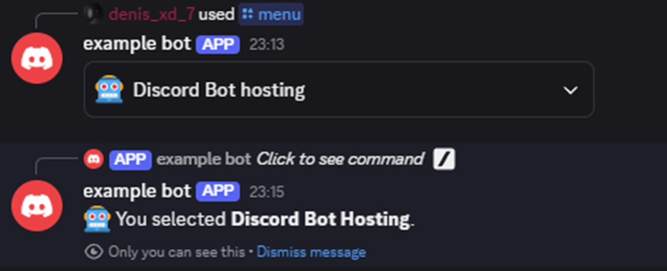a dropdown menu along with the confirmation of selecting discord bot hosting