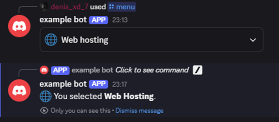 a dropdown menu along with the confirmation of selecting web hosting
