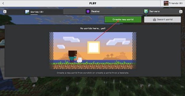 minecraft bedrock create world with an arrow pointing to a button
