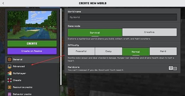 minecraft bedrock create world advanced tab with an arrow pointing to it