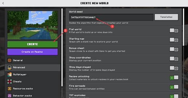 minecraft bedrock create world advanced tab with a custom seed pasted