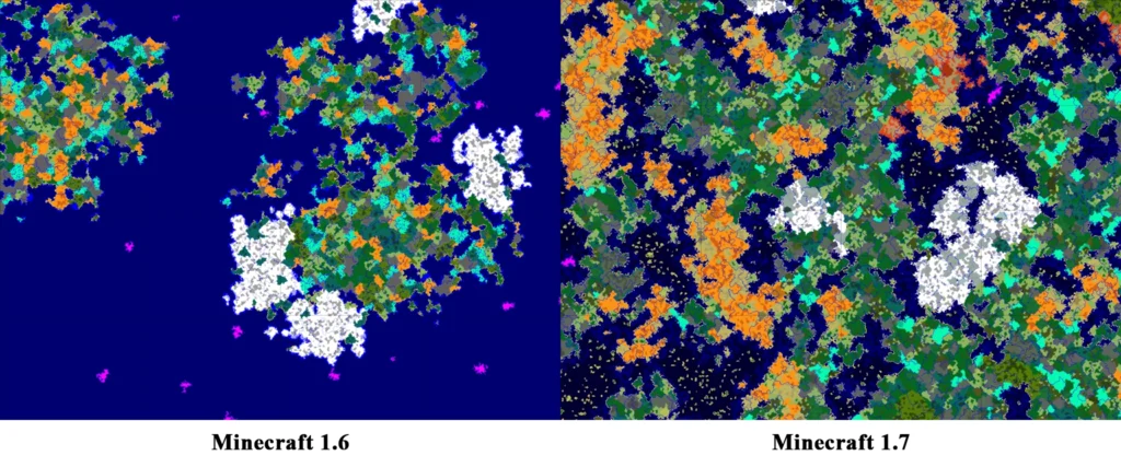 A Comparison Image of Pre-1.7 World Generation and Post-1.7