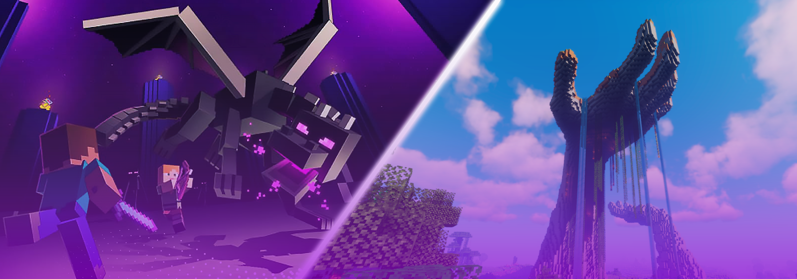 Minecraft banner with Ender dragon split screen