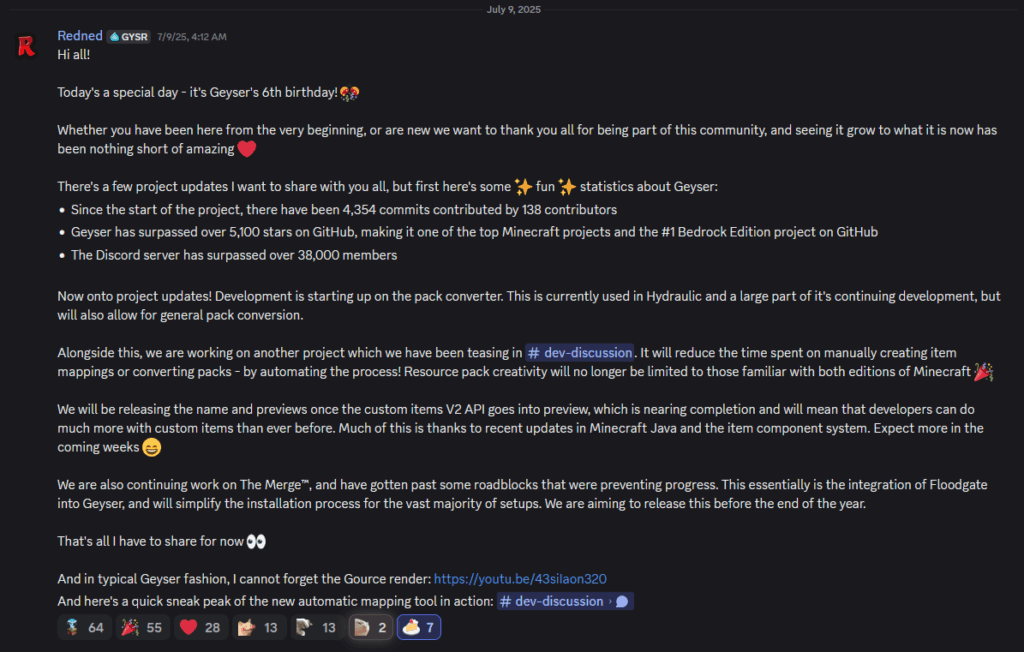 GeyserMC 6th Anniversary Discord Announcement