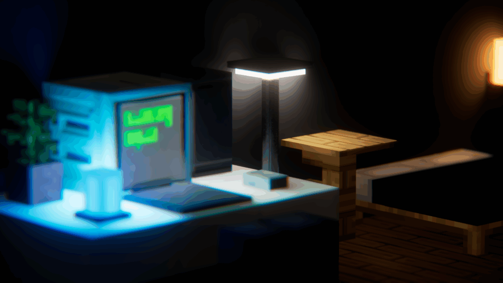 A screenshot of Minecraft with a custom resourcepack and shader.