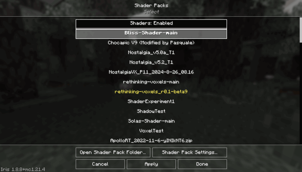 The shaderpack select screen.