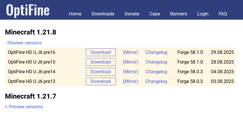 The Optifine Downloads page.