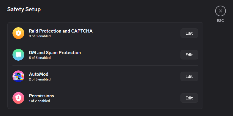 An image showing the Safety setup options in Discord.
