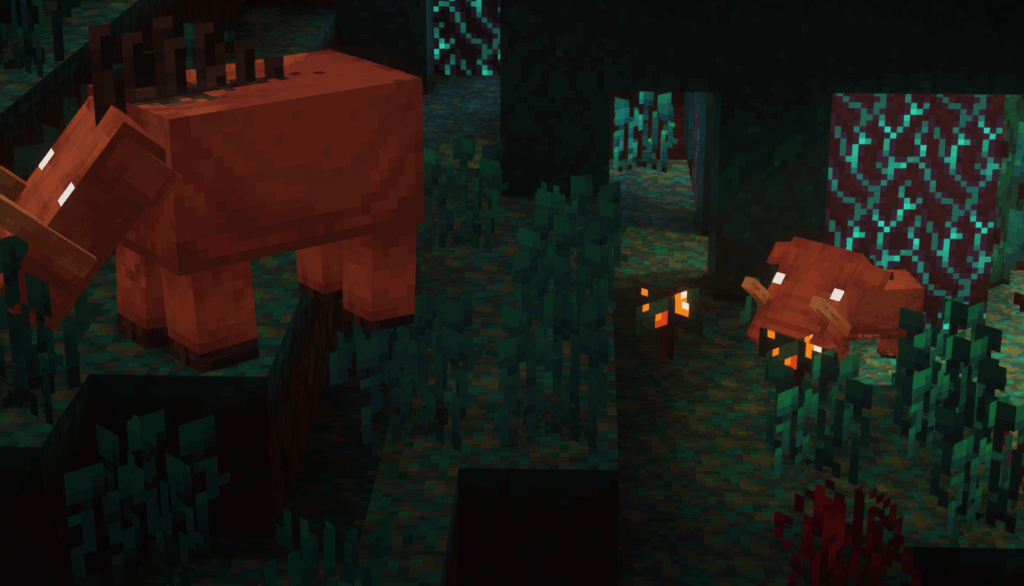 Hoglins being afraid of a blue mushroom.