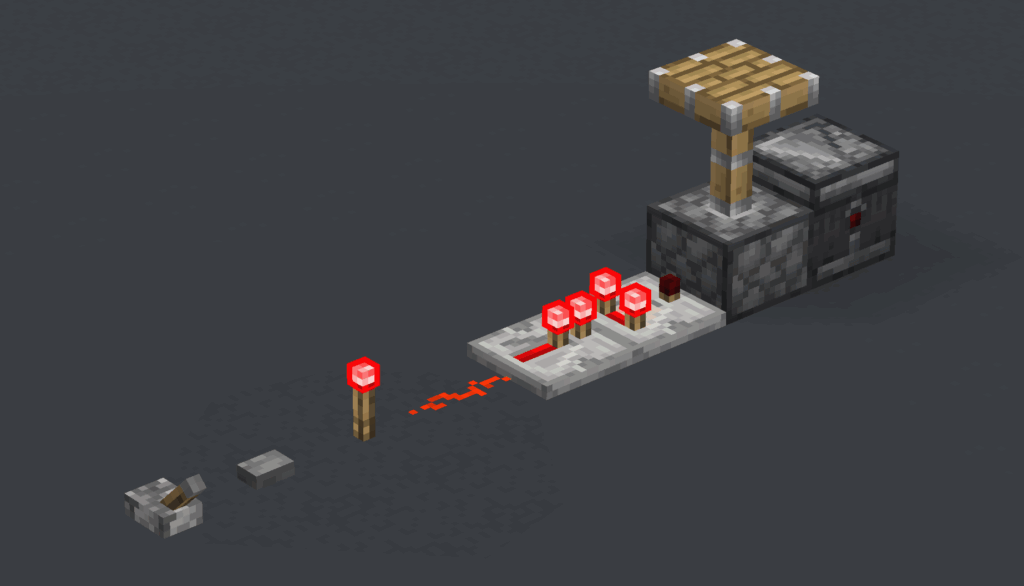 [Left to Right] Lever, Button, Redstone Torch, Dust, Repeater, Comparator, Piston, Observer. 