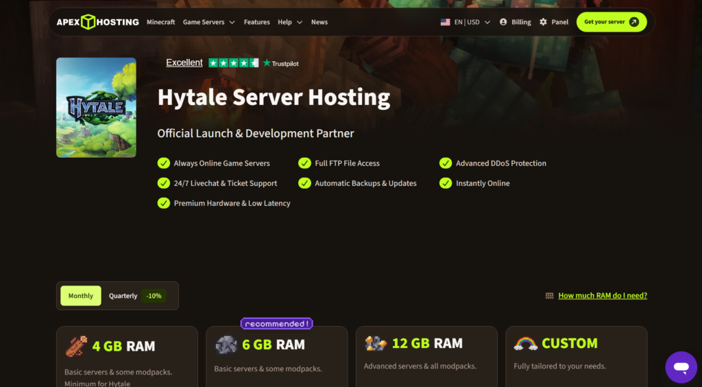 Apex hosting Hytale page