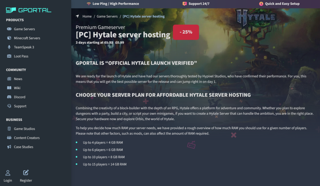G-Portal hosting Hytale page