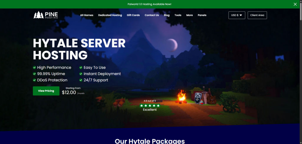 pine hosting hytale hosting page