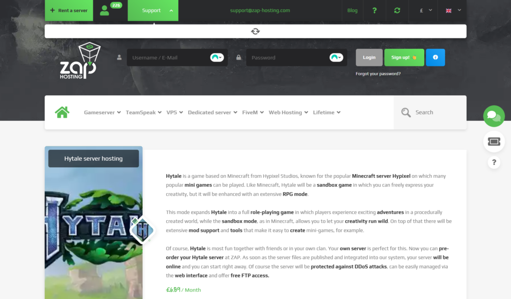 Zap hosting Hytale page