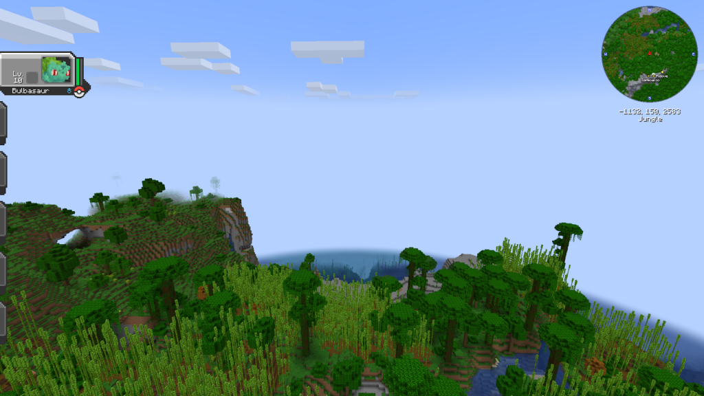 Above a jungle with a minimap and list of Pokémon characters in their team from the Minecraft Cobblemon Modpack.