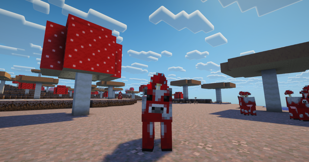 A mushroom cow staring at the person from the Minecraft Vanilla Perfected modpack.