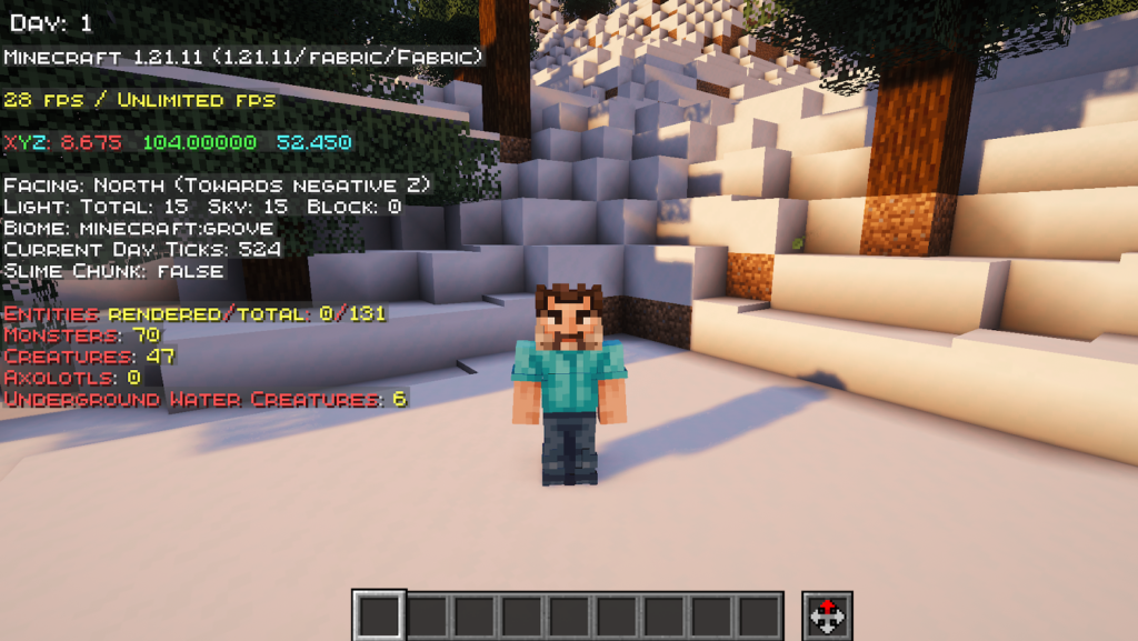 A F3 menu with FPS, Direction, Biome, and more from the Vanilla Perfected modpack.