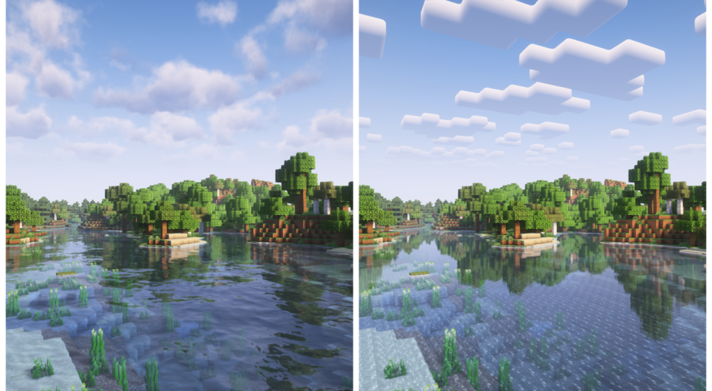 Side by side comparison of Complementary Shader’s unbound and reimagined styles.