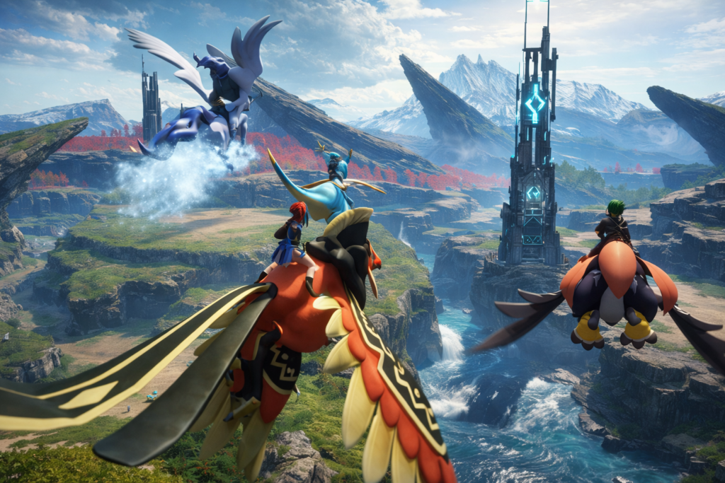 Palworld sky area with flying mounts and high altitude