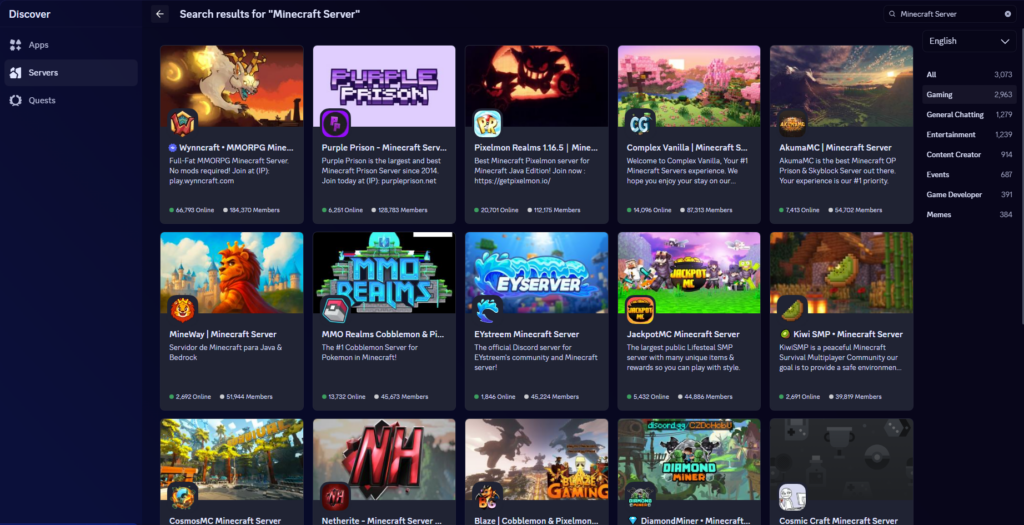 Minecraft Servers in Discord Server Directory