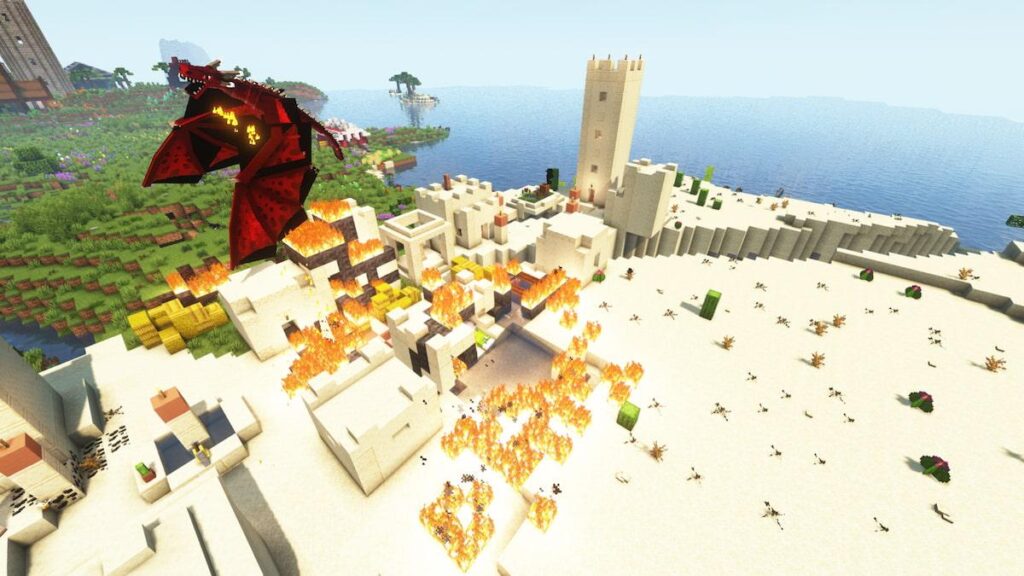 Minecraft dragon attacking desert village with fire
