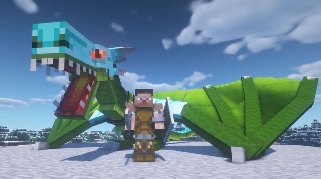 Minecraft player standing with large green dragon