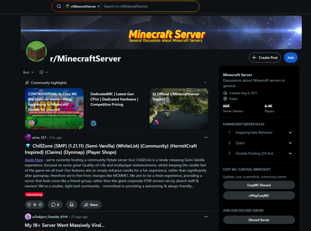 Reddit Minecraft Servers Posts